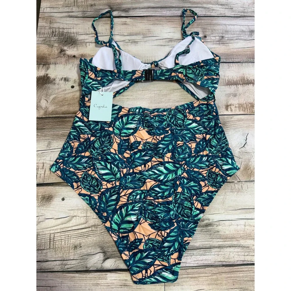 Cupshe Tropical Leaf Print Cutout One Piece Swimsuit Green Peach‎ Floral M